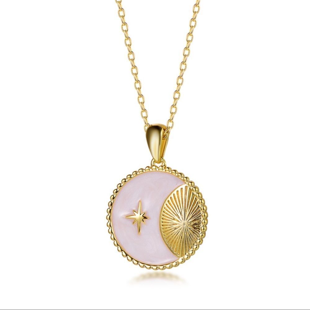 New Sterling silver 14k plated cubic zirconia white enamel round 18” necklace